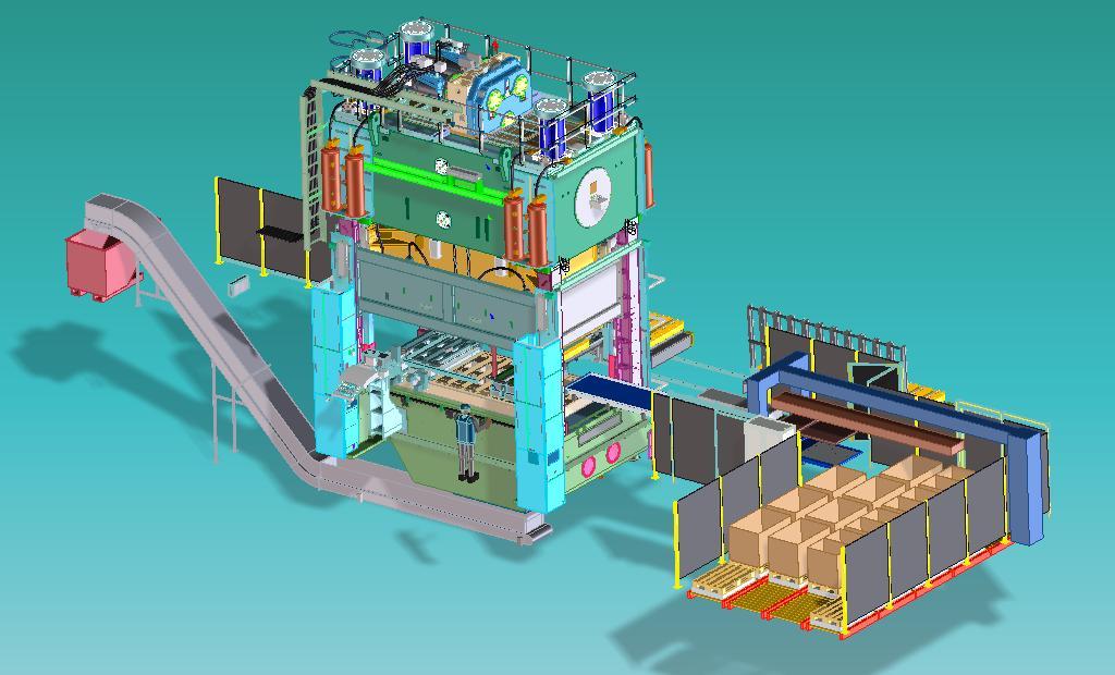 CAD-Rendering des 10.000-kN-Stanzautomaten mit Zuführband und Verpackungsbereich für die Automobilindustrie