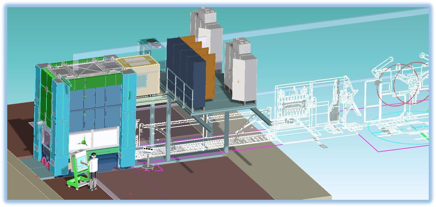 CAD-Rendering des Stanzautomaten mit 3.150 kN Presskraft samt Bandanlage und Werkzeugbereich, Person zum Größenvergleich