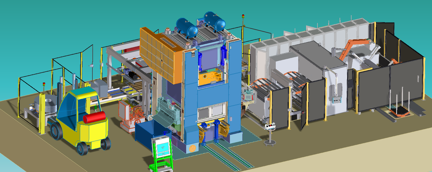 CAD-Rendering des 4.000-kN-Stanzautomaten mit Gabelstapler und Sicherheitszaun in der Anlagenübersicht