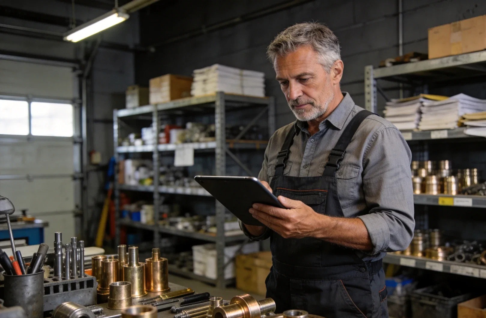 Techniker in Werkstattkleidung prüft am Tablet einen automatisch erstellten Bestellvorschlag, im Hintergrund Regale mit Metall- und Messingbauteilen