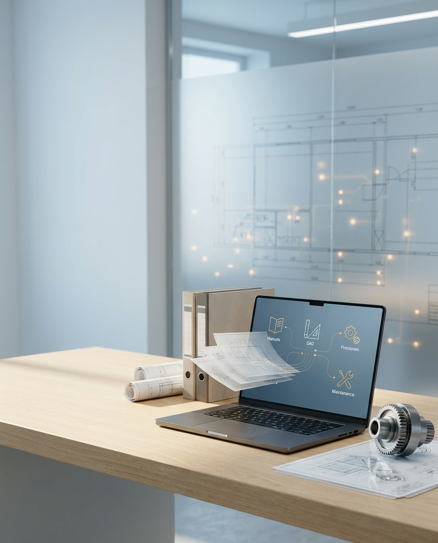 Laptop mit Wissensgraph, technischer Zeichnung und Dokumenten-Dashboard eines KI-gestützten Unternehmens-Wikis, davor eine mechanische Linearachse